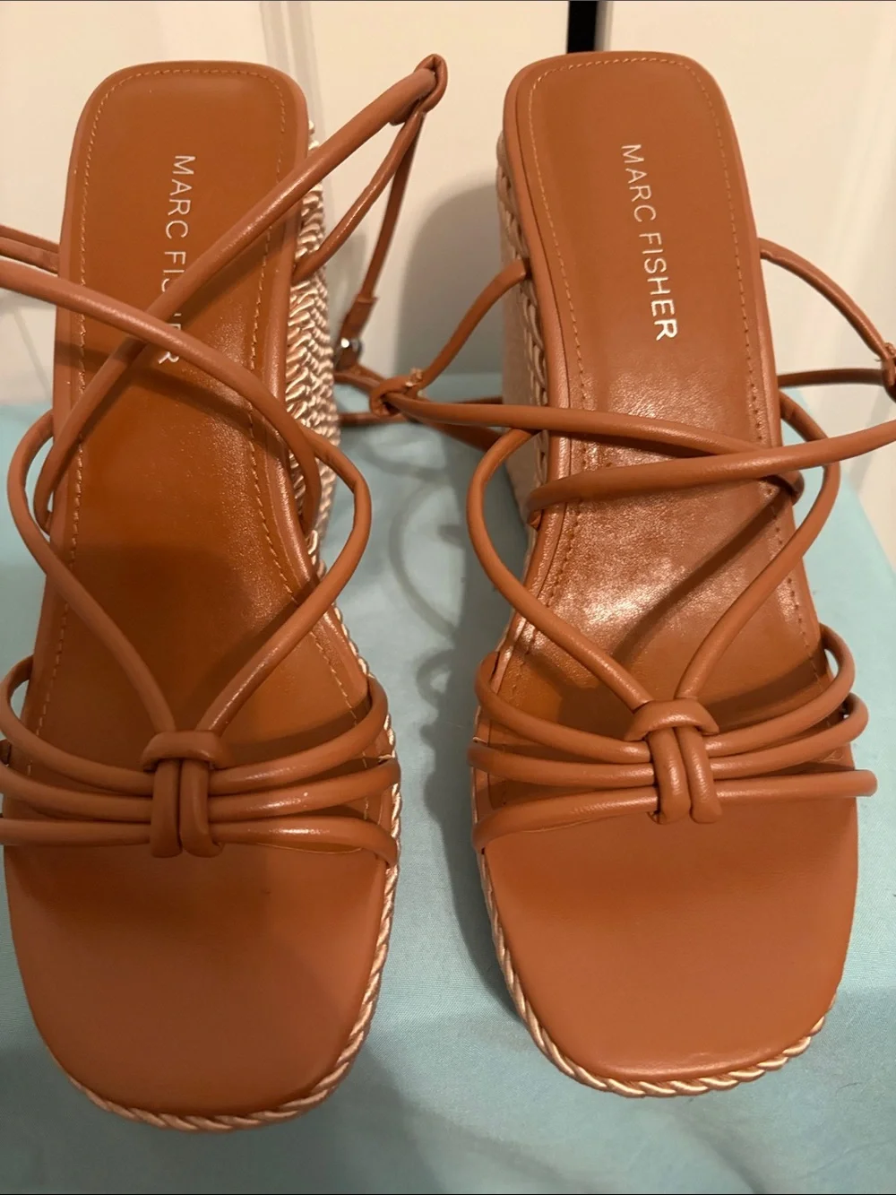 Marc Fisher Tan Leather Strappy Wedge Sandals